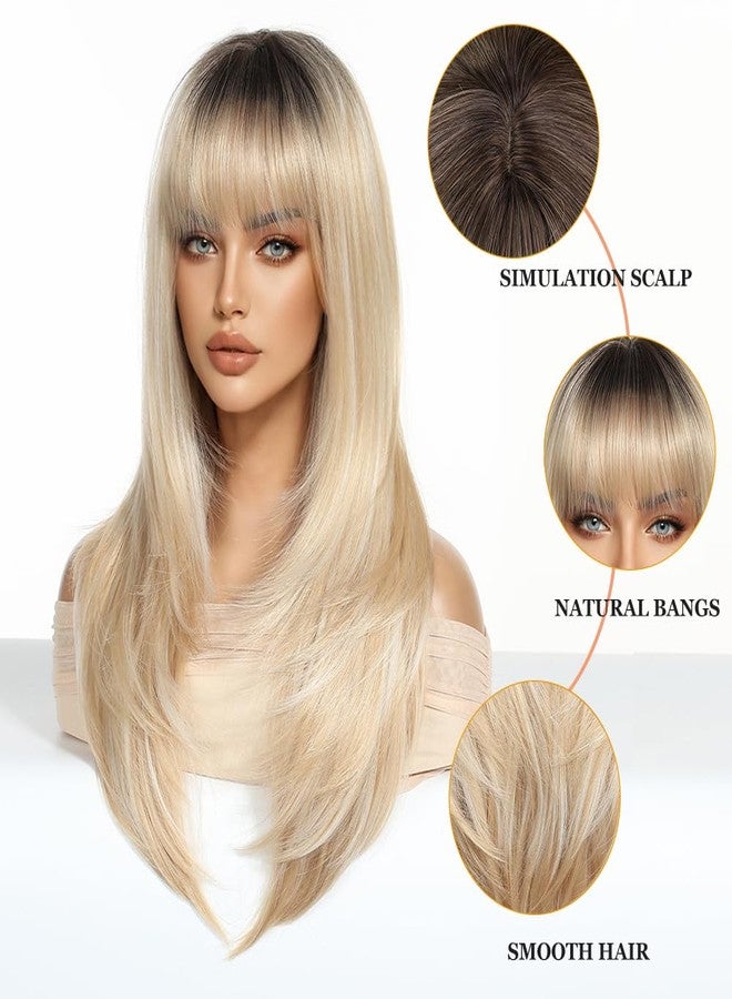 اسمي شعر مستعار إسمي طويل وناعم بلون أشقر متدرج مع غرة، طبقات، للنساء، مريح وجيد التهوية، طبيعي وواقعي، مناسب للحفلات، طوله 24 بوصة - Image 3